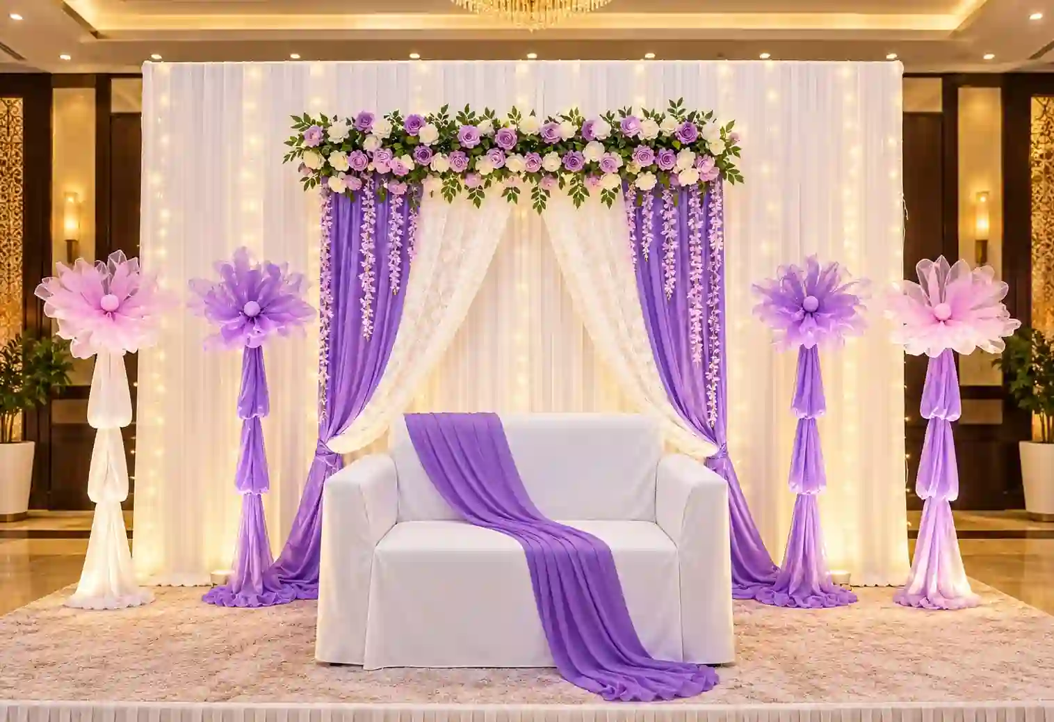 Purple Paradise Sofa Stage Mehendi Decor 